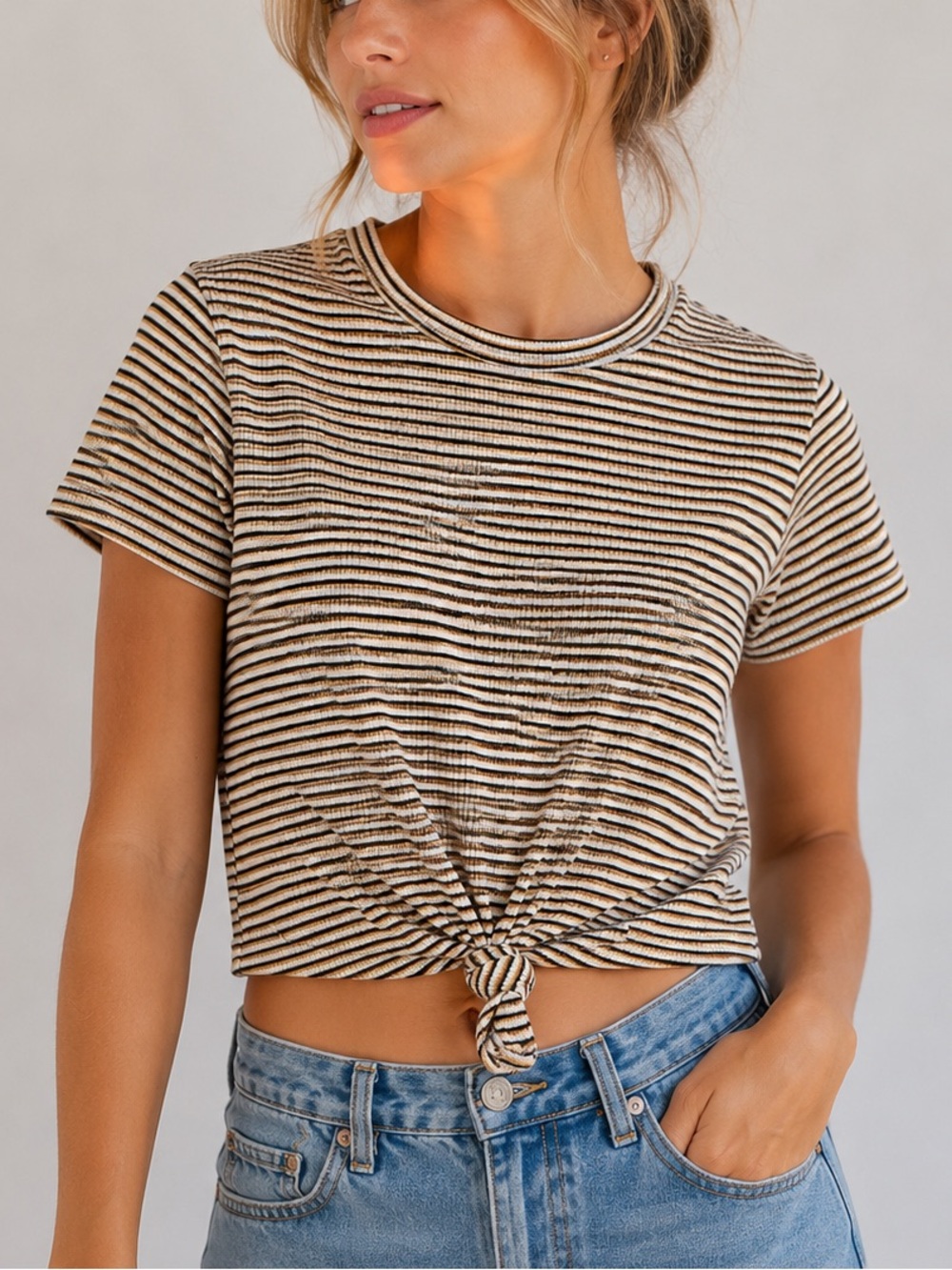 Ginger G Striped Knot Front Crop Top T-Shirt Blue Yellow Size S
